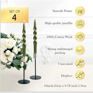 Set of 4- 10 " Olive Green Taper Candles Unscented Dripless Spiral Design